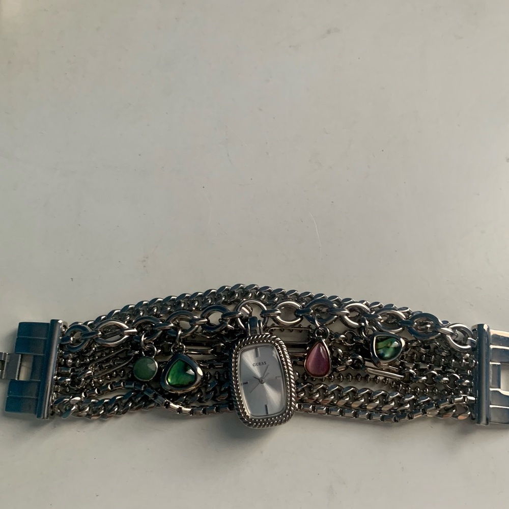 Guess Charm Bracelet Watch Multi Strand Silver Tone